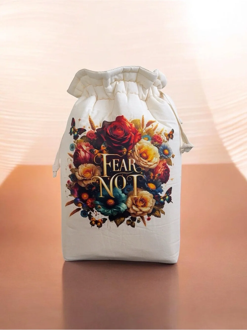Fear Not Floral Drawstring Cosmetic Pouch - Cream